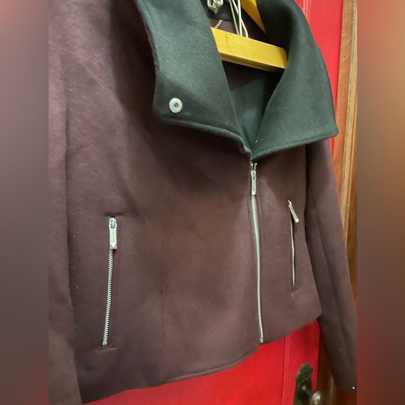 BCBGMaxazria burgundy/black wool moto style pea coat - Picture 5 of 6